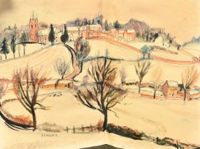 Maud Eyston Sumner (1902-1985) Soth Africa, an English village in winter, ink and watercolour,