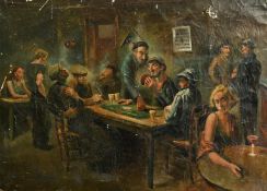 Mid-20th Century Dutch School, a tavern scene with men playing cards, oil on canvas, 28 x 39.5" (