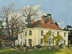 Modern British School, a white manor house with a red-tiled roof, oil on canvas, signed Moore, 14" x