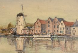 P. Harrison, Circa 1975, figures and barges by a quay with a windmill, watercolour, signed, 10" x