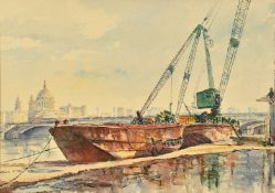 Edward Shankster (1913-1993), unloading cargo from barges on the Thames, watercolour, signed and