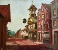 Mid-20th Century English School, a view of Guildford High Street with hills beyond, oil on canvas,