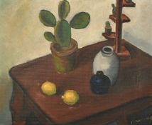 German School, 20th Century, a still life of mixed objects on a table, oil on canvas, indistinctly
