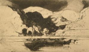 David Young Cameron, a mountain lake scene, etching, unsigned, plate size 3.5" x 6" (9 x 15cm),