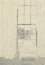 David Hockney (b. 1937), 'Home (1969)', etching, Goldmark Gallery label verso, 17.75" x 12.25" (45 x