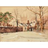 Bert Wright (b. 1930), a winter scene outside cottages and a church, watercolour and gouache,