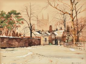 Bert Wright (b. 1930), a winter scene outside cottages and a church, watercolour and gouache,