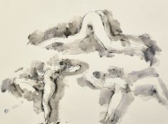 Peter Collins (b. 1935), study of a female nude in three positions, ink and watercolour, signed