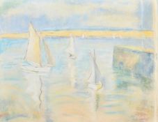 Terrick John Williams (1860-1936) British, a scene of boats entering a harbour, pastel, signed, 9" x