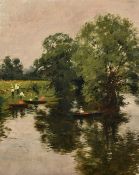 English School, Early 20th Century, elegant figures in rowing boats, oil on canvas, 13.25" x 11.