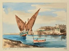 Edwin Galea (20th Century) Maltese, 'Gozo Boat in Grand Harbour', watercolour, signed and