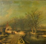19th Century Dutch School, figures playing on a frozen waterway at dusk, oil on panel, 16" x 17" (41