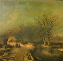 19th Century Dutch School, figures playing on a frozen waterway at dusk, oil on panel, 16" x 17" (41