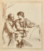 William Wynne Ryland after Guercino, an 18th Century etching of figures at a well, 10" x 9" (25.5