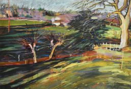 Julia Gascoigne Palmer (20/21st Century) Surrey Artist, pollarded trees in a landscape, pastel,