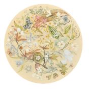 Lucy Stubbs, Circa 1974, a scene of a bird and insects within a circular garland of flowers in