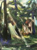 French School (20th Century), A wooded landscape with streaming light, oil on panel, 24” x 18”,