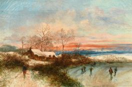Circle of Thomas Creswick, 19th Century English School, figures skating in a frozen pond under a