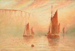 Joseph Eaman (1853-1907), a pair of watercolour scenes of boats off a rocky headland at dusk, both