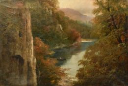 H. R. Hall (19th Century), 'Stybarrow Crag, Ullswater', figure in a rowing boat, oil on canvas,
