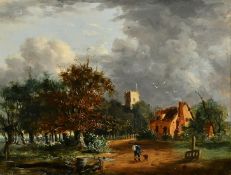 Attributed to John Berney Ladbrooke (1803-1879), Trowse Church and Common, a figure and his dog, oil