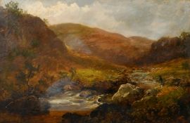 Alfred Hin(ley), (19th Century) A rocky river scene in the mountains with a figure fly fishing,