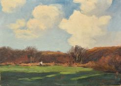 Frances Tysoe Smith (1853-1927), figure on a golf course playing a shot beside a yellow flag, oil on