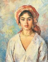 Francisco Sans Huguet (b. 1926) Spanish, a head and shoulders portrait of a Spanish beauty, oil on