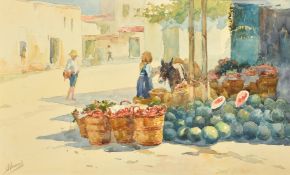 Pisani, 20th Century Italian School, figures by a fruit seller in an Italian marketplace,