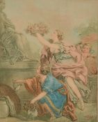 Jubier after Huet, a pair of colour prints of female figures adorning statues with garlands of