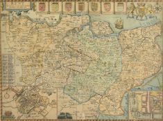 By or after John Speed, 'Kent With Her Cities and Earles Described and Observed', hand coloured map,