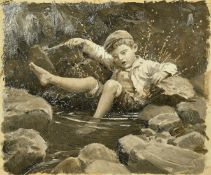 Percy Tarrant (1855-1934), 'In the Brook', a small boy falling in rocky brook, oil on board, 4.25" x