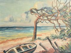 German School, 20th Century, coastal scene with fishing boats on a beach, oil on canvasboard, signed