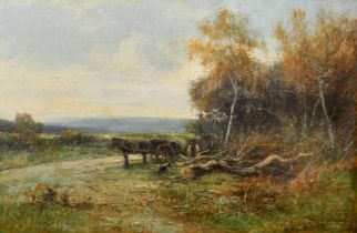 Arthur Wellesley-Cottrell (1854-1913), 'An Autumn Day, Surrey', a figure logging by a horse and