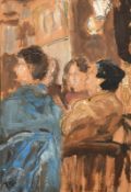Manner of Walter Sickert, women seated inside a room, oil on board, signed with initials DP, 8" x