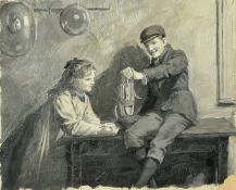 Percy Tarrant (1855-1934), an illustration of two children one holding a lamp, oil on board, 5" x 6"