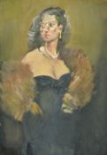 Attributed to Montague Leder (1897-1976), an oil on paper portrait of a lady in evening dress, 20" x