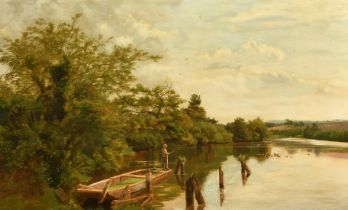 Charles Low (19th Century), fisherman on a wherry, oil on canvas, signed, 16" x 26" (41 x 66cm).