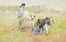 Robert Meyerheim (1847-1920), 'In Holland', a figure feeding calves, watercolour, signed, 3.5" x 5.