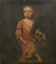 English School, Circa 1700, a portrait of a young girl holding a basket of flowers, oil on canvas,