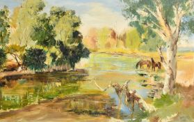 Arnold, circa 1968, Australian, 'The Hann River, Northwest Australia', horses watering by a river,