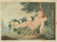 Jacques Phillippe Levilly, Circa 1800, scene of a cherub in a basket of roses, along with three