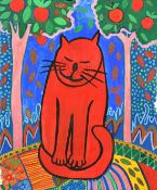 Circle of Corneille, a red cat between two fruit trees, gouache on paper, 26.75" x 22" (68 x