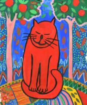 Circle of Corneille, a red cat between two fruit trees, gouache on paper, 26.75" x 22" (68 x