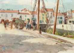 Henri Alberti (Early 20th Century), French, a horse and cart and figures gathered at a town quay,