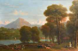 Samuel John Stump (1778-1863), figures and livestock on the banks of Lake Geneva, oil on canvas,