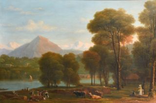 Samuel John Stump (1778-1863), figures and livestock on the banks of Lake Geneva, oil on canvas,