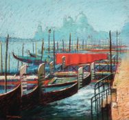 Tony Rome (20th Century), 'Venice' gondolas moored with the Santa Maria della Salute in the