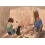 E. L. Steer, Circa 1924, children and a cat by a fantastical fire, watercolour, signed, 8.5" x