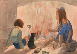 E. L. Steer, Circa 1924, children and a cat by a fantastical fire, watercolour, signed, 8.5" x